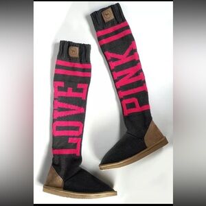 NEW Victoria’s Secret PINK Muk Luk Knee High Boots Gray Pink Knit Women’s 7/8